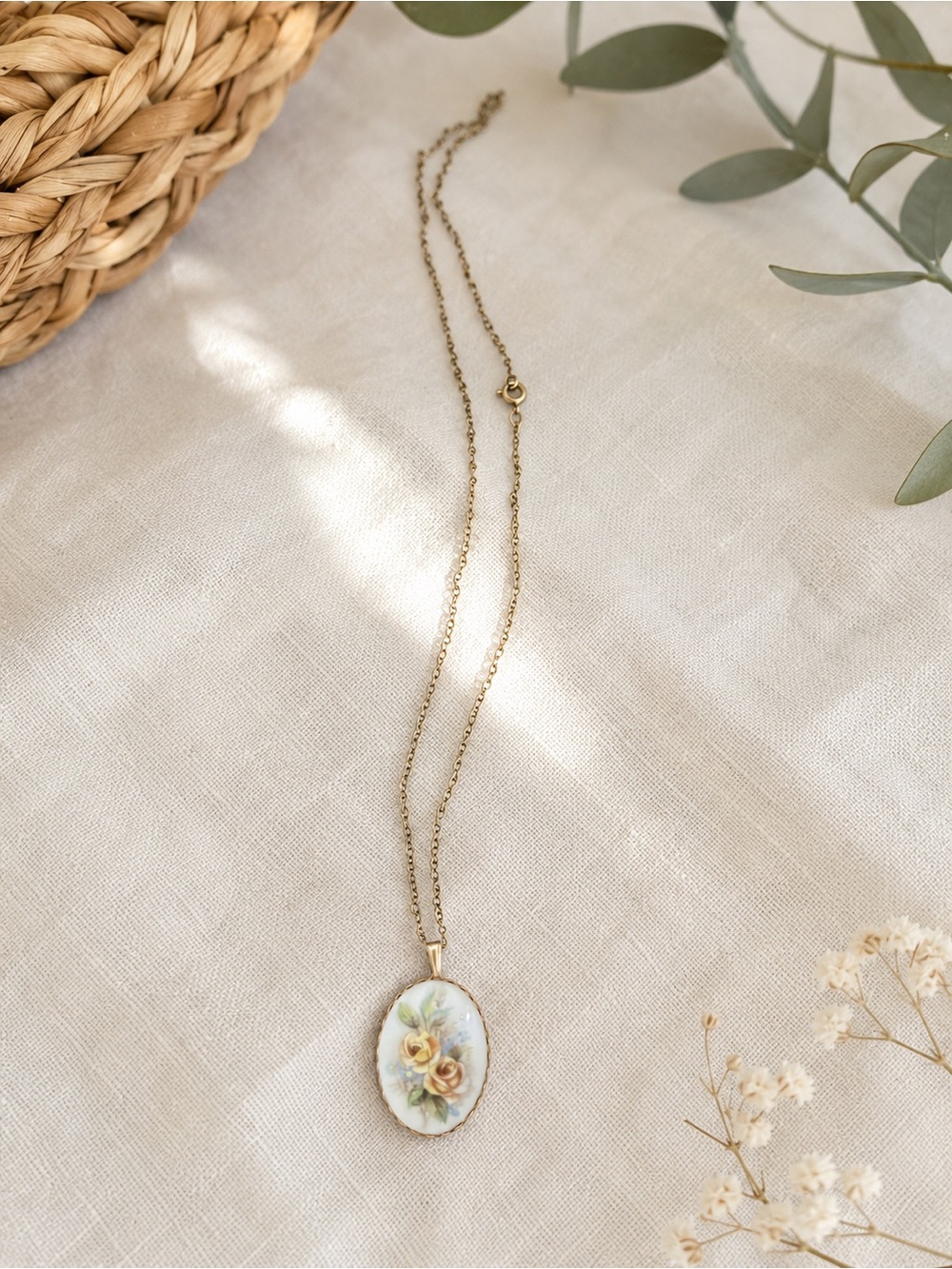 Vintage Hand-Painted Floral Porcelain Pendant Necklace Cottagecore